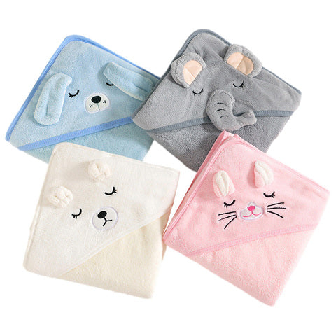 Four folded hooded baby towels are shown, each with animal designs: a blue dog, gray elephant, cream bear, and pink rabbit. Each features cute, embroidered faces and ears.