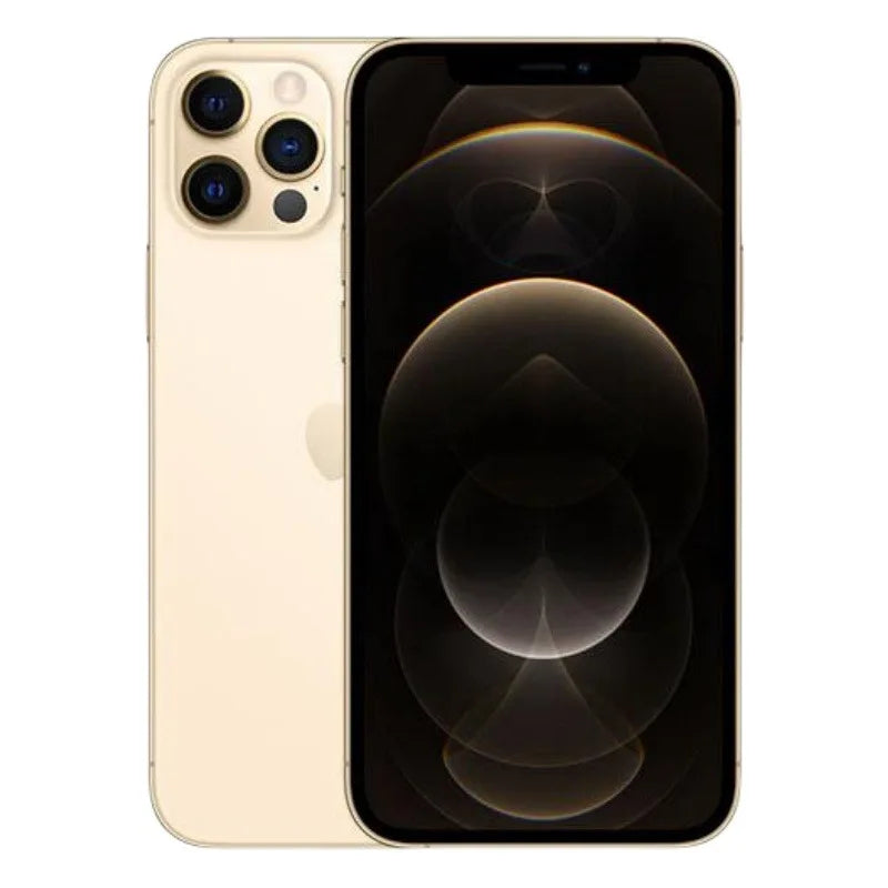 Gold smartphone with a triple-lens camera and glossy finish, resting against a black screen displaying abstract circular patterns. The Apple logo is visible on the back.