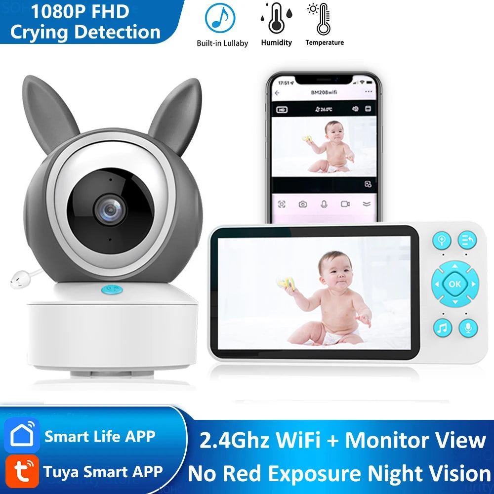 Baby monitor set with a camera featuring 1080P FHD, crying detection, and lullaby feature. Connected to a smartphone and tablet display showing a baby.