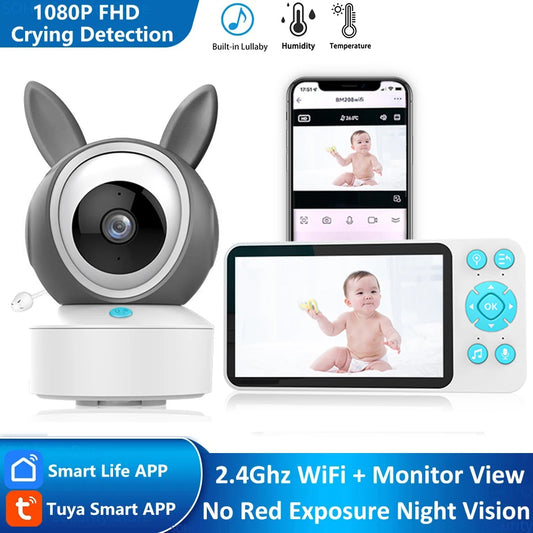 Baby monitor set with a camera featuring 1080P FHD, crying detection, and lullaby feature. Connected to a smartphone and tablet display showing a baby.