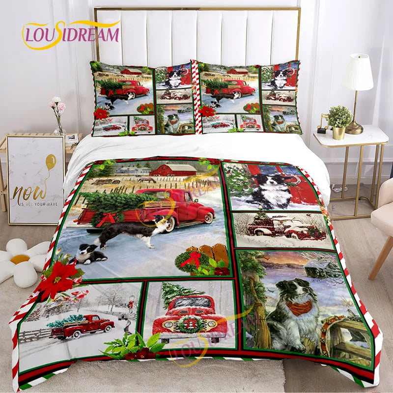 Festive bedding set featuring red trucks, holiday scenes with dogs, barns, and Christmas trees in snowy landscapes. The room has modern decor with a lamp and framed quote.