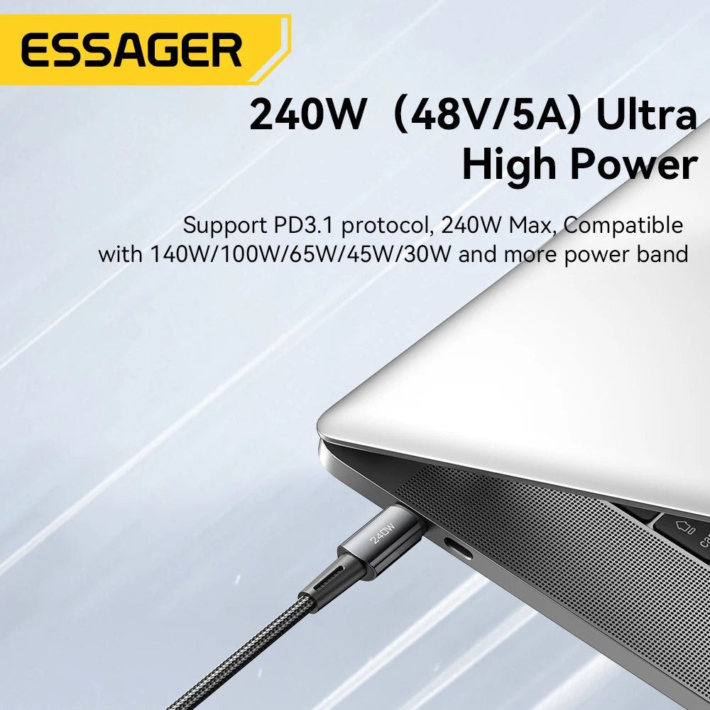 Charging cable plugged into a laptop, highlighting "ESSAGER" brand. Supports 240W max power with PD3.1 protocol, compatible with various wattages like 140W, 100W, and more.