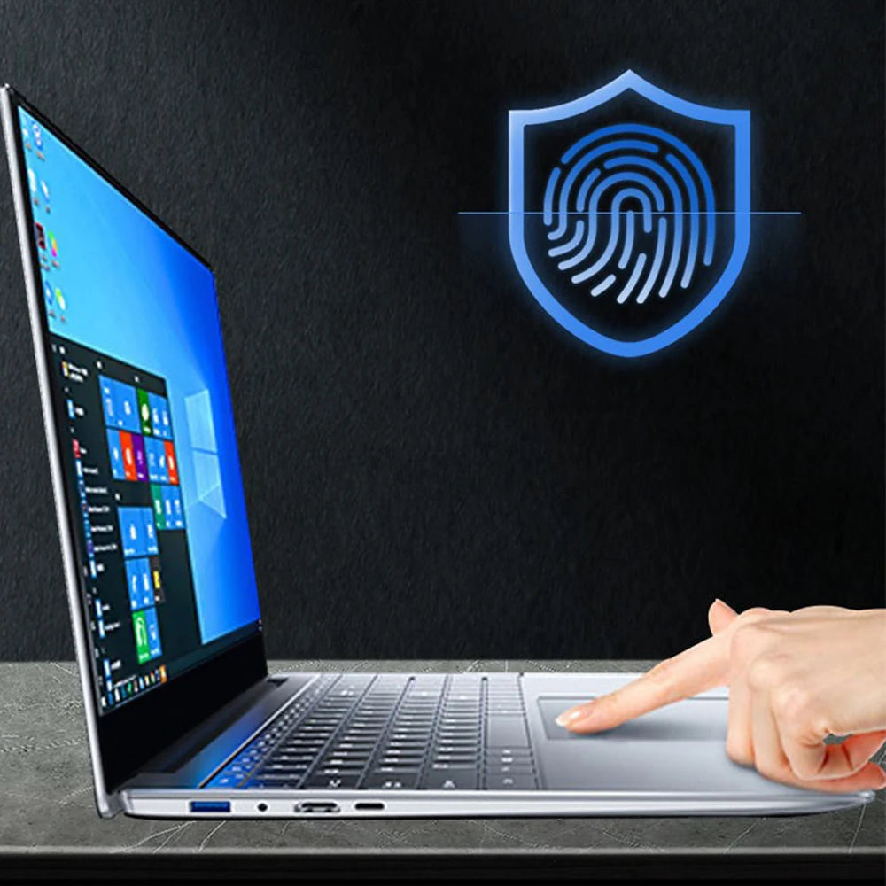 A person uses a laptop with a Windows operating system, touching the touchpad. Above the laptop, a blue fingerprint inside a shield symbolizes security and biometric authentication.