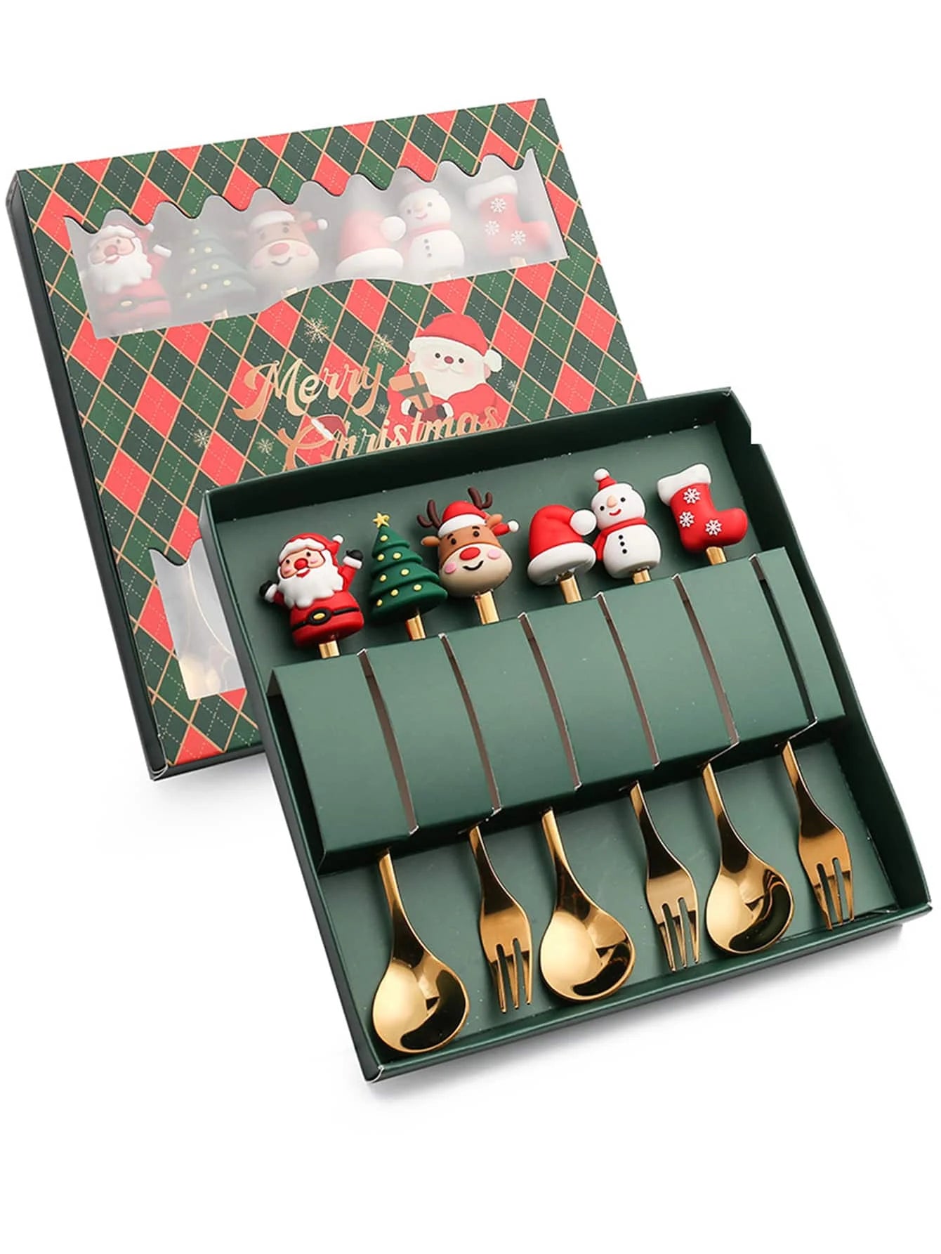 Christmas-themed utensil set with six gold spoons and forks, each topped with festive figures like Santa and a snowman, in a decorative box reading "Merry Christmas."