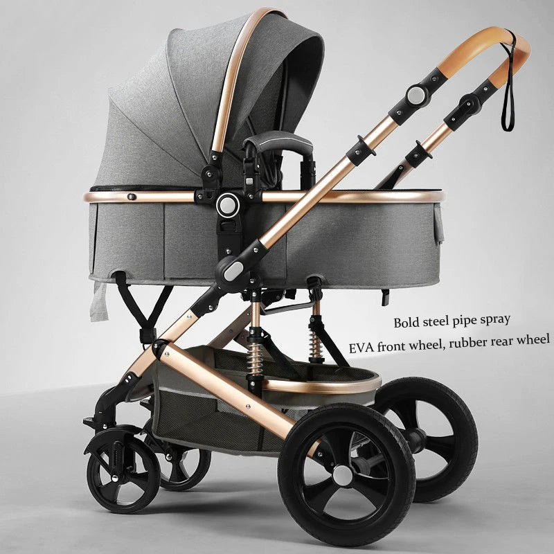 Gray and gold baby stroller with a canopy, featuring bold steel pipe frame, EVA front wheels, rubber rear wheels, and storage basket below.