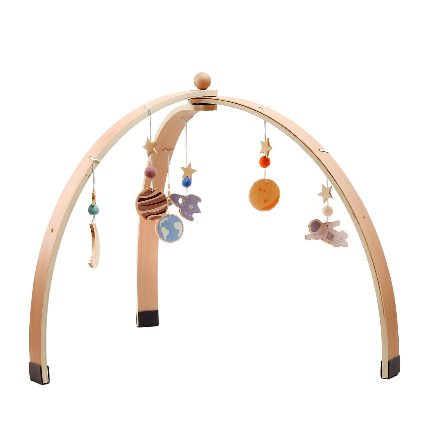 Wooden baby play gym with an arch design, featuring hanging space-themed toys like planets, stars, and an astronaut, designed for infant visual and tactile stimulation.