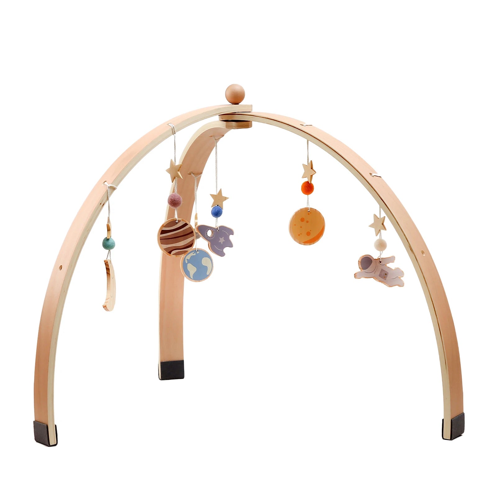 Wooden baby play gym with an arch design, featuring hanging space-themed toys like planets, stars, and an astronaut, designed for infant visual and tactile stimulation.
