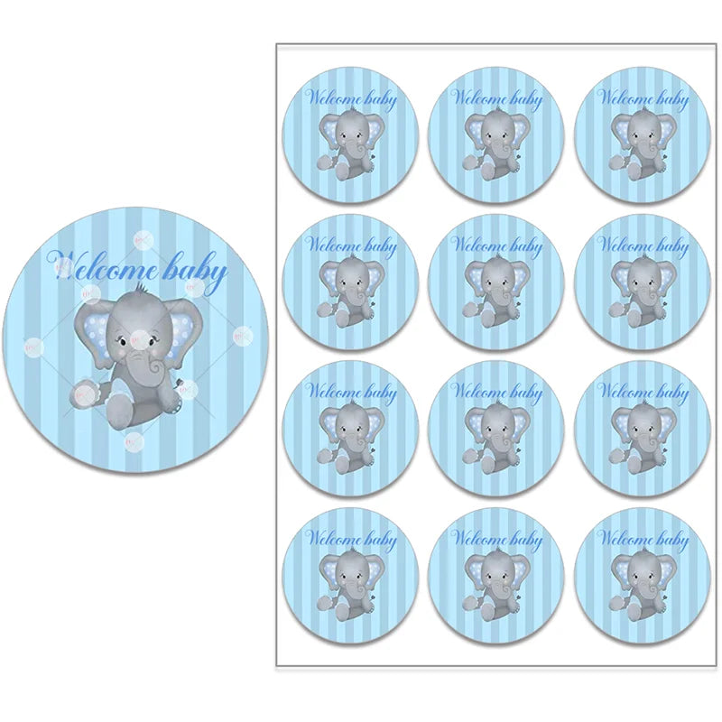 A set of circular stickers featuring a cute baby elephant on a blue striped background with the text "Welcome baby." There are twelve smaller stickers displayed in a grid.