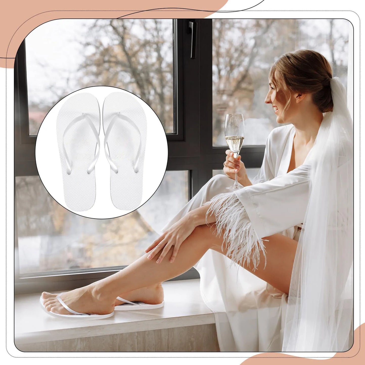 Bride in a white robe and veil sits by a window with a champagne glass. She wears white flip-flops, showcased in a circular inset. background features trees outside.