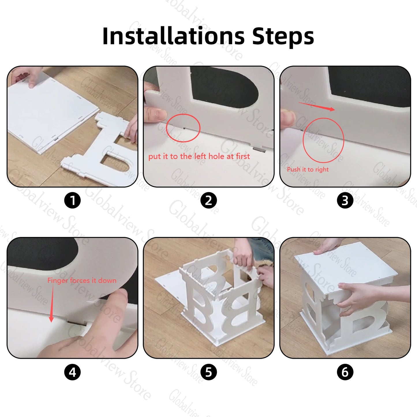 Assembly instructions for a box organizer. Step 1: Align parts. Step 2: Insert into left hole. Step 3: Slide right. Step 4: Press down to secure. Steps 5-6: Confirm structure stability.