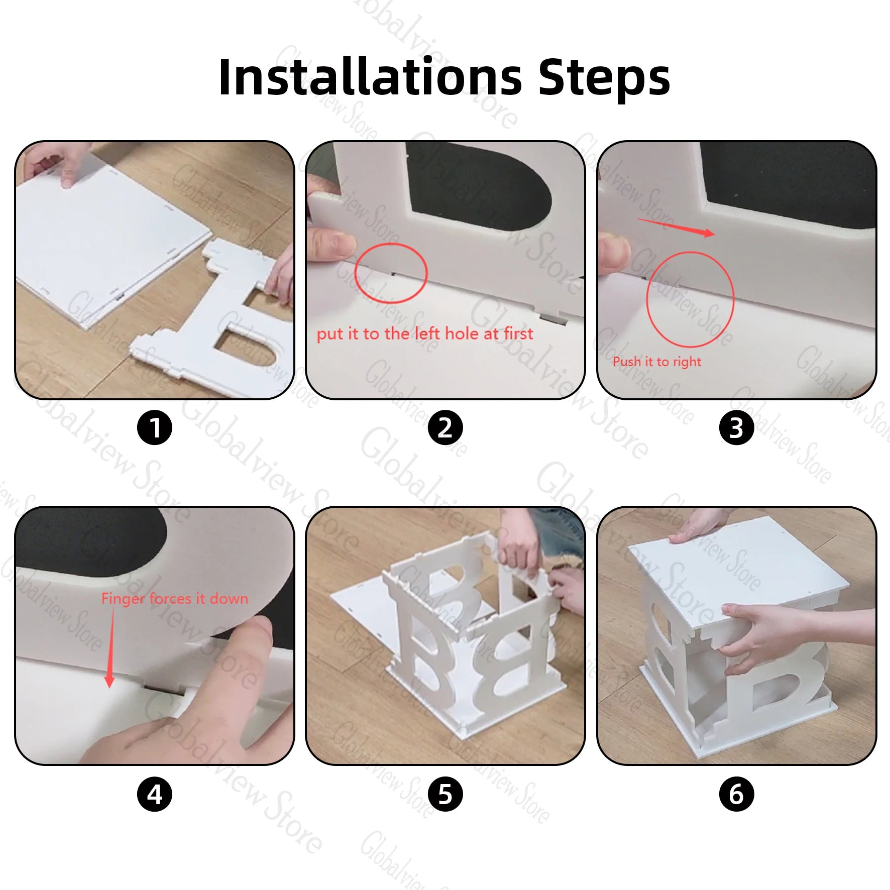 Assembly instructions for a box organizer. Step 1: Align parts. Step 2: Insert into left hole. Step 3: Slide right. Step 4: Press down to secure. Steps 5-6: Confirm structure stability.