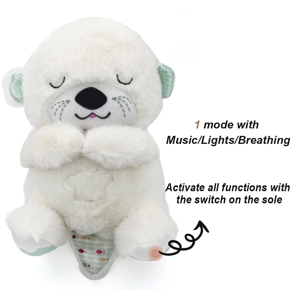 Plush polar bear toy with closed eyes and a stitched nose, featuring music, lights, and breathing functions. Instructions mention a sole switch to activate the features.