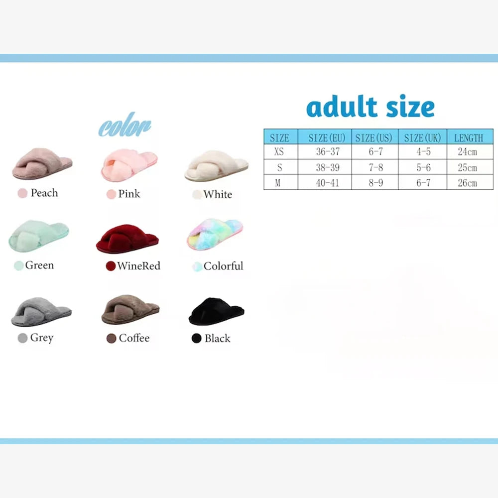 Slipper color options include Peach, Pink, White, Green, WineRed, Colorful, Grey, Coffee, and Black. Adult sizes: XS to M, EU 36-41, US 6-9, UK 4-7, lengths 24-26cm.