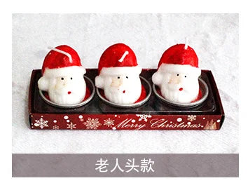 Three Santa-shaped candles with red hats sit on a festive tray decorated with snowflakes and "Merry Christmas." Chinese text below the image translates as "elderly head style."