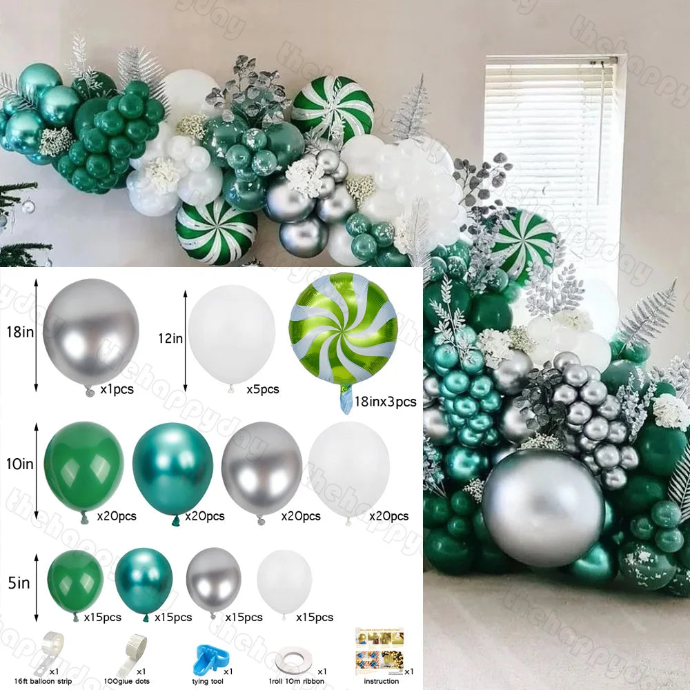 Festive balloon arch with green, silver, and white balloons in various sizes and peppermint swirl designs. Includes a diagram showing balloon sizes and tools for assembly.