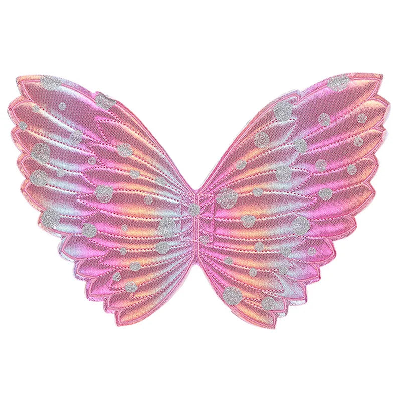 Colorful, embroidered butterfly wings in pink, orange, and purple hues with sparkling silver dots create a whimsical, delicate pattern.