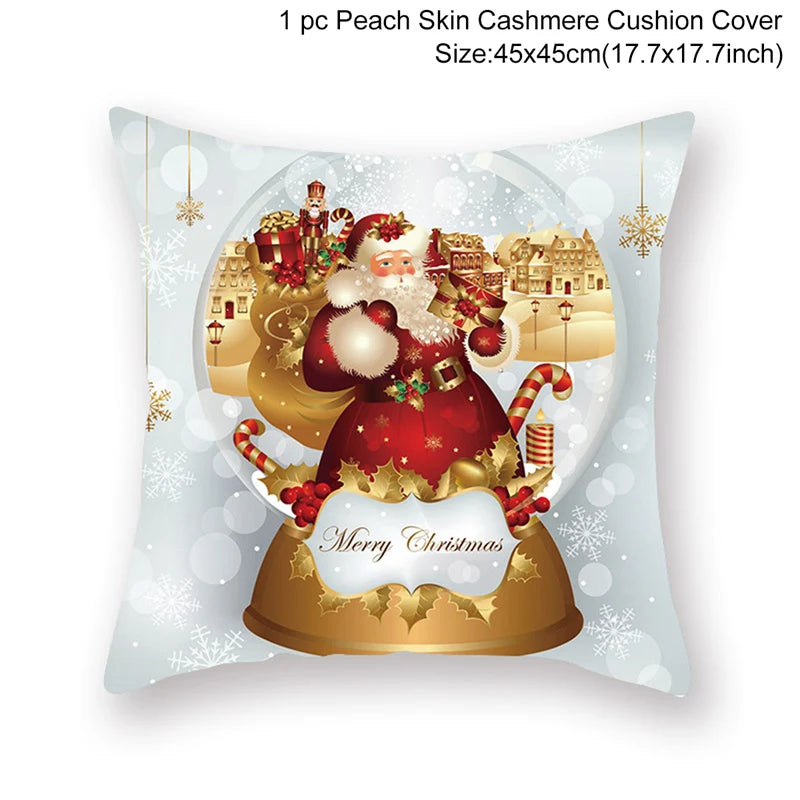 Festive cushion cover featuring Santa Claus in a snow globe with gifts and candy canes, set against a winter village backdrop. Text reads "Merry Christmas." Size: 45x45cm.