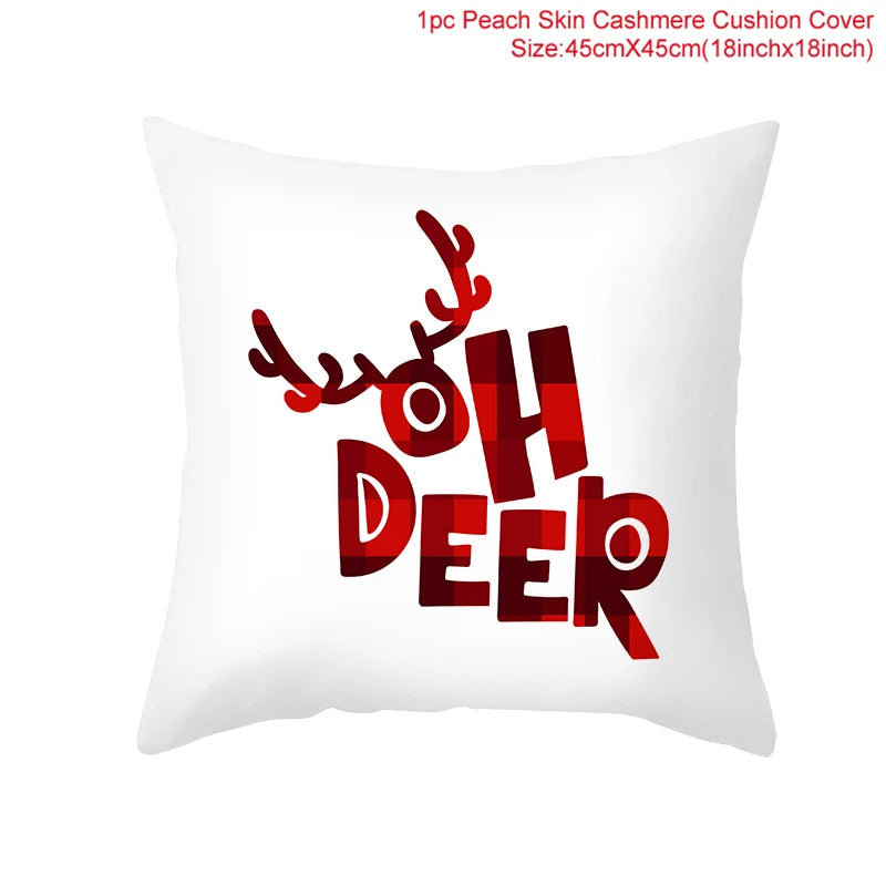 White cushion cover with red and black text "OH DEER" and antler design. Made of peach skin cashmere, measuring 45cm by 45cm (18x18 inches).