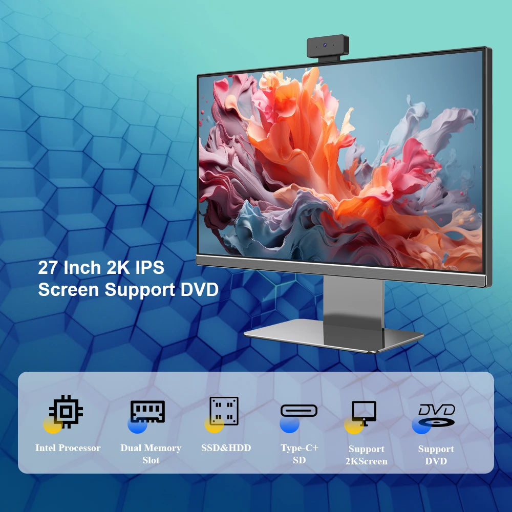 A sleek 27-inch 2K IPS monitor with vibrant abstract art display, features Intel processor, dual memory slots, SSD & HDD, Type-C, SD, 2K support, and DVD compatibility.