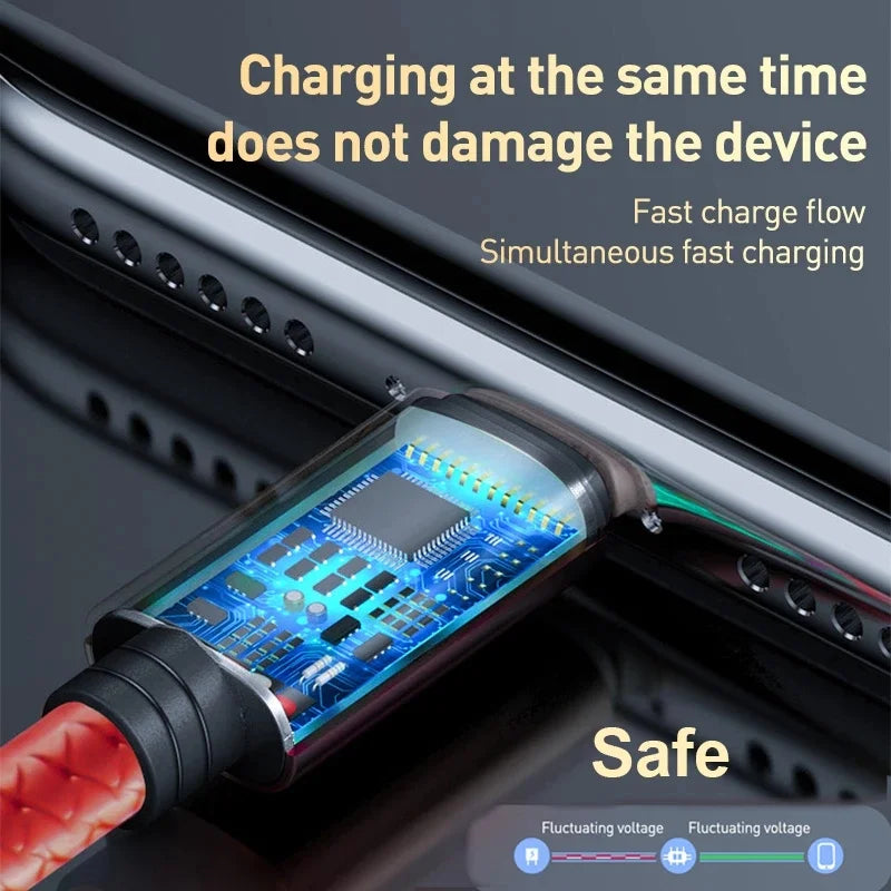 Close-up of a smartphone charging port with a transparent cable showing internal circuits. Text reads, "Charging at the same time does not damage the device. Safe, fast charge flow."