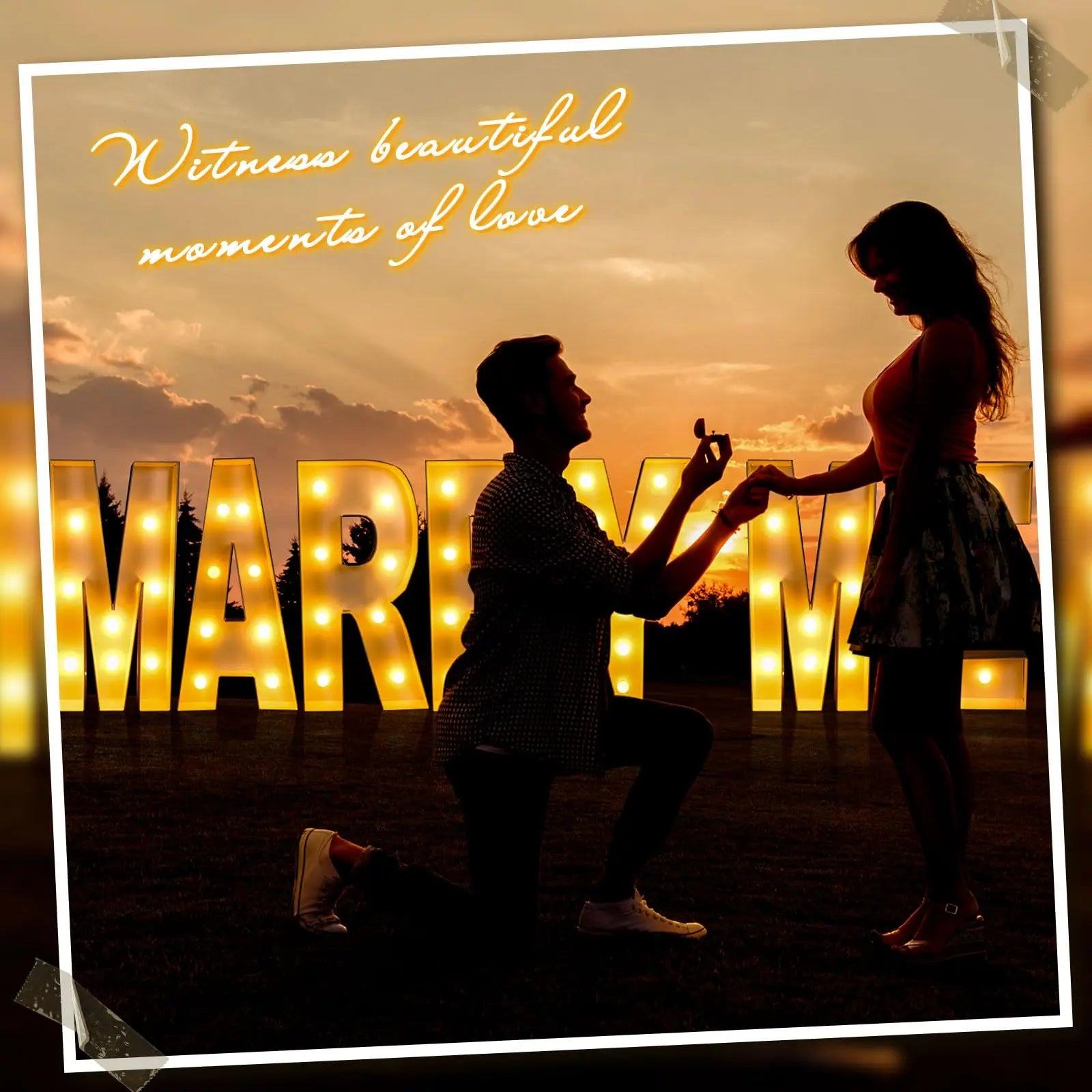 A man kneels proposing to a woman at sunset, silhouetted against illuminated "Marry Me" letters. Text reads: "Witness beautiful moments of love."