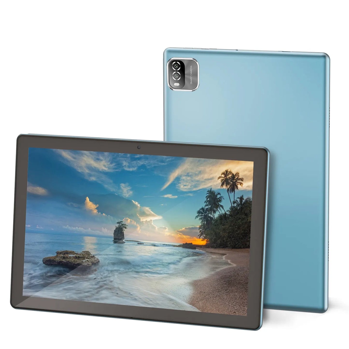 Blue tablet with dual rear cameras and a vibrant beach scene on the screen, showcasing a sunset with palm trees and rocks by the ocean.