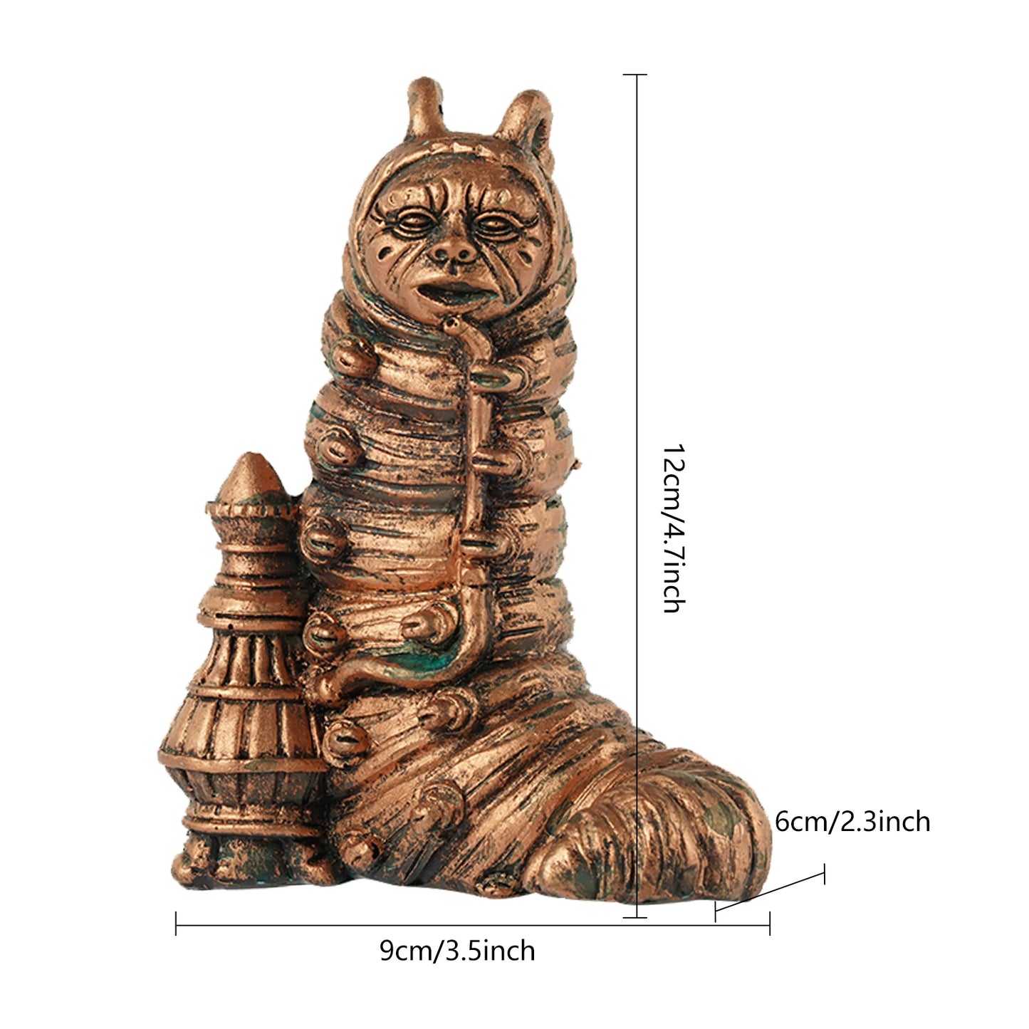Bronze caterpillar-shaped figurine with a hookah, measuring 12cm tall, 9cm wide, and 6cm deep. It has intricate details resembling a face and segmented body.