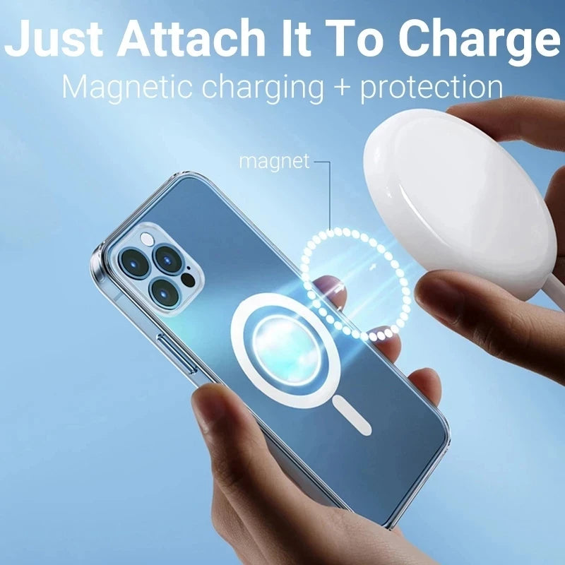 Phone being magnetically charged with a white charger. Text reads "Just Attach It To Charge. Magnetic charging + protection." Hands hold the phone and charger against a blue background.