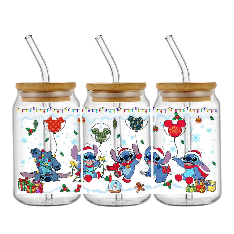 Three glass jars with bamboo lids and straws, decorated with a festive cartoon character theme. Each jar features holiday lights, balloons, and presents on a snowy background.