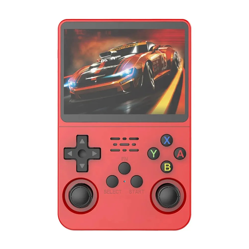 The Faron R36S Retro Handheld Console - 64GB Games features a red IPS screen, displays a racing car game, includes a D-pad, dual joysticks, and buttons labeled Y, X, B, A, FN, SELECT, and START.