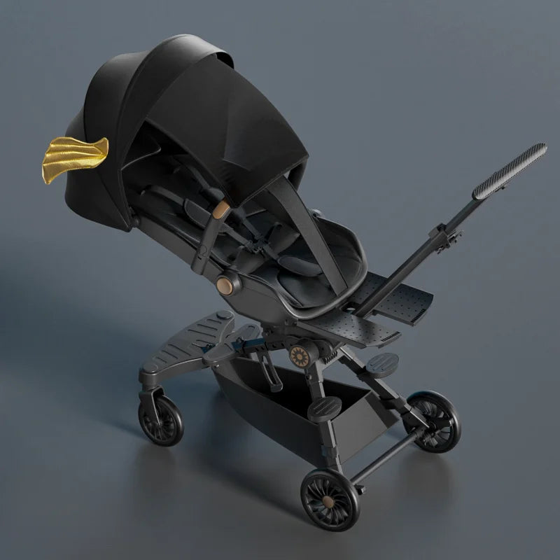 Futuristic black stroller with gold accents and a sleek design, featuring ergonomic seating, a canopy, and four wheels on a smooth surface.