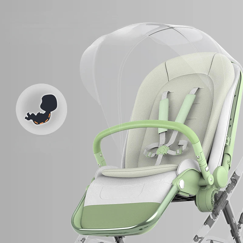 A green and gray baby stroller with a transparent canopy and safety harness is shown. A circular side graphic illustrates a protected baby inside the womb.
