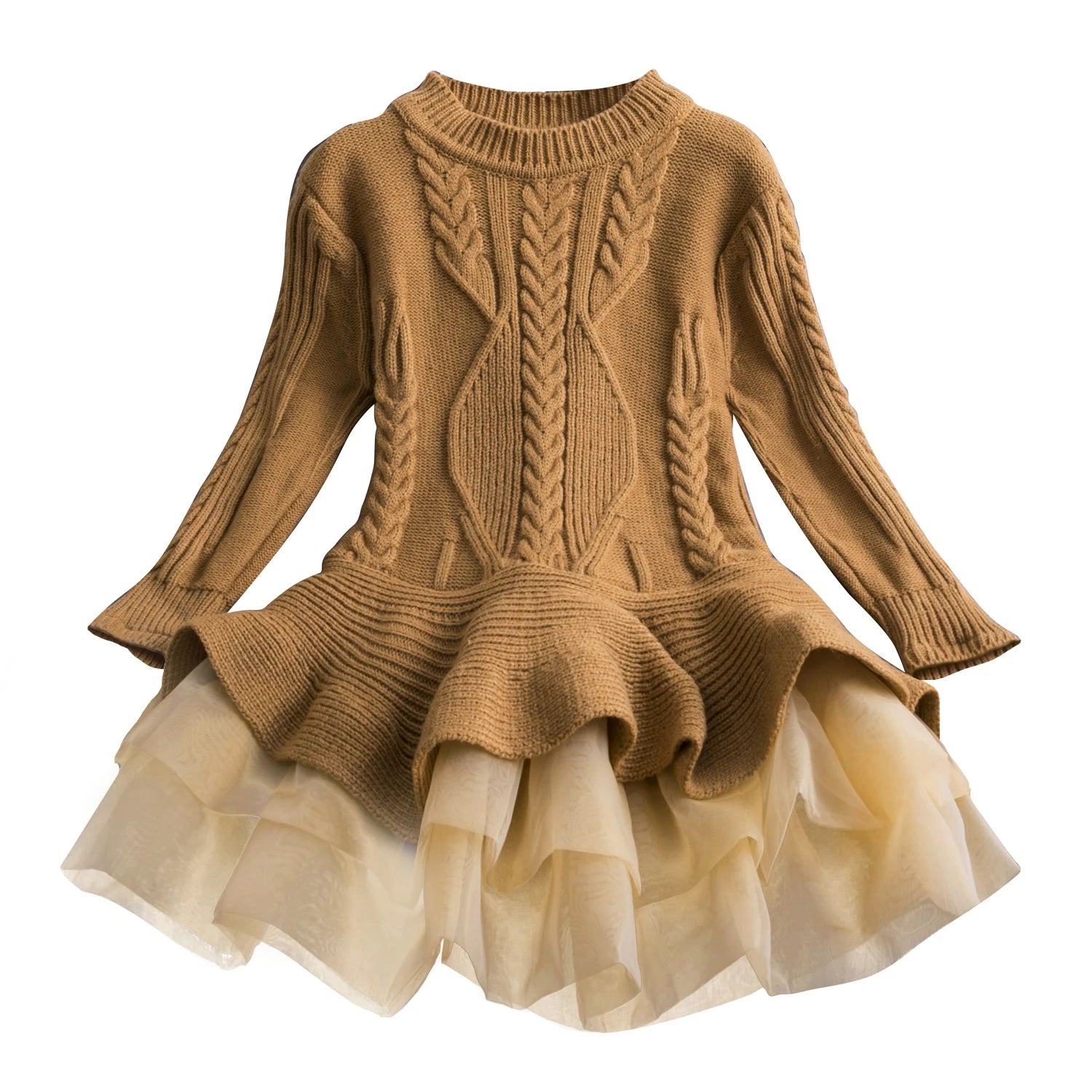 Tan cable-knit sweater dress with a flared hem paired with a layered beige tulle skirt, featuring intricate knit patterns on the top and long sleeves.