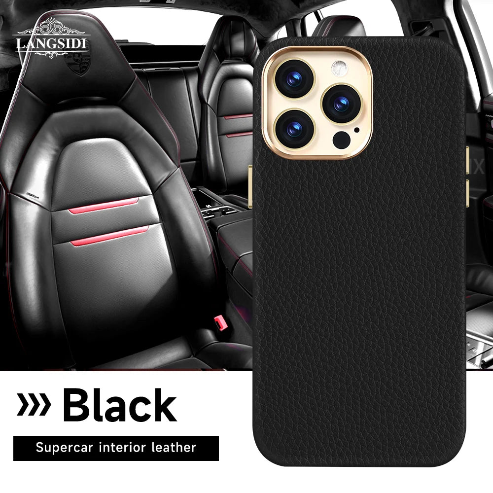 Black leather phone case with a textured finish is shown against a luxury car interior with black and red seats. Text reads, "Black - Supercar interior leather."