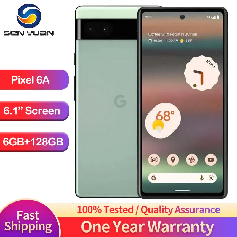 Front and back view of a Google Pixel 6A smartphone with a 6.1" screen, 6GB RAM, and 128GB storage. Offers fast shipping, quality assurance, and a one-year warranty.