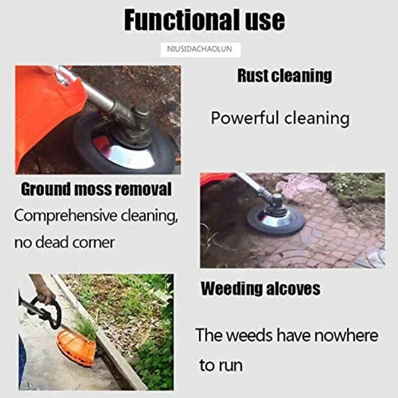 Alt text: Image displaying three uses of a cleaning tool: rust removal, ground moss elimination, and weeding alcoves, emphasizing powerful, comprehensive cleaning without dead corners.