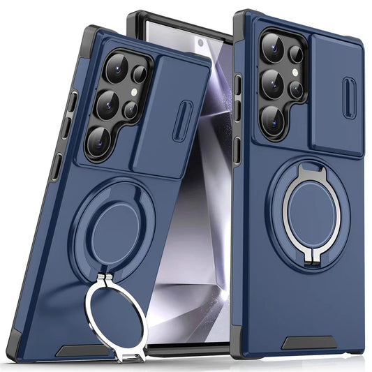 Blue smartphone cases with sliding camera covers and built-in kickstands are shown on two phones, highlighting the camera protection and ring holder features.
