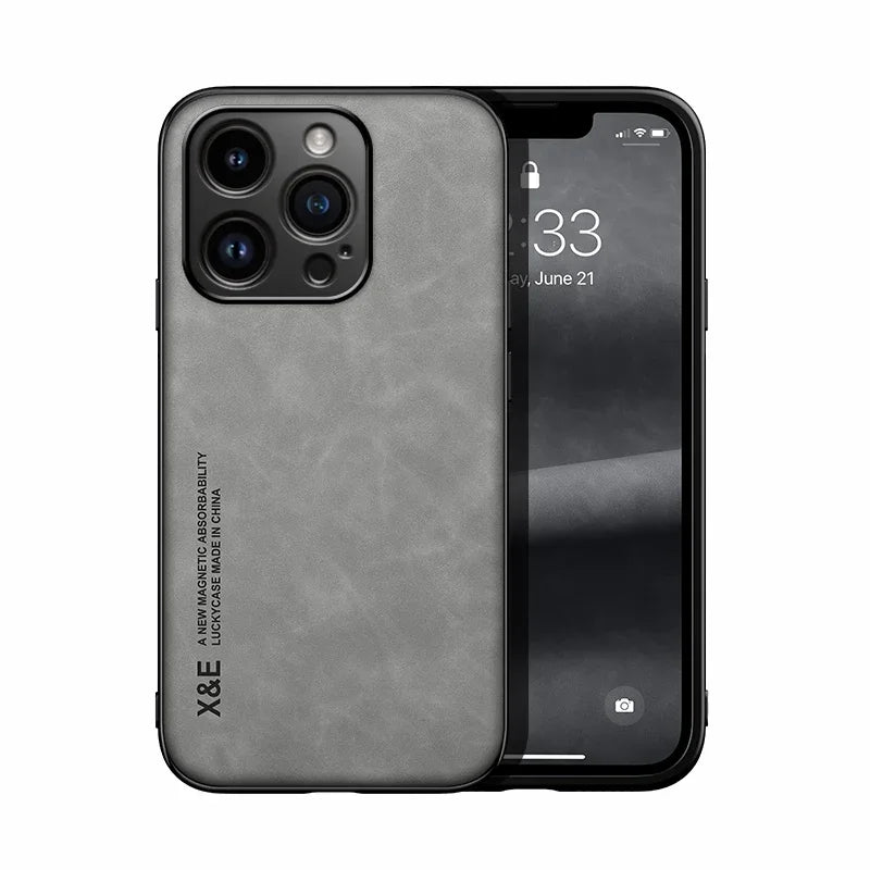 Gray phone case with textured finish covers the back of a smartphone with triple lens camera. Front display shows time 12:33, date June 21, and a locked screen icon.