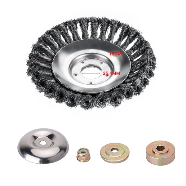 Steel wire brush for angle grinder, measuring 15cm in diameter with a 25.4mm central hole. Includes accessory components: cover, nut, washer, and drive.