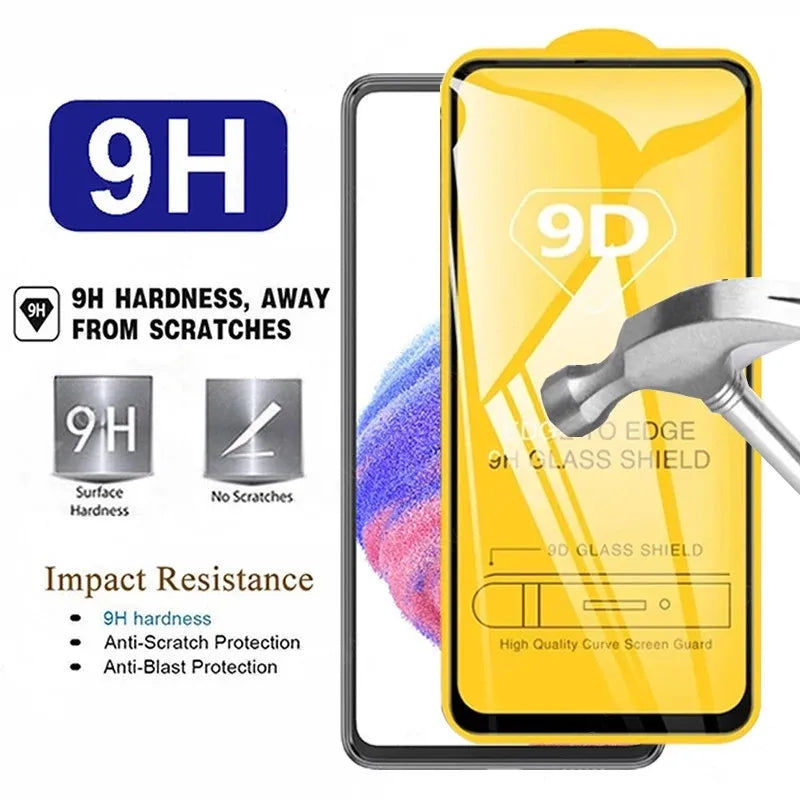 Phone screen with a 9D glass shield, labeled for 9H hardness. Features impact resistance, anti-scratch, and anti-blast protection. A hammer is shown as a durability test.