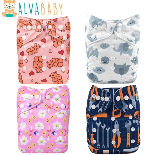 Four AlvaBaby cloth diapers with different patterns: bears with hearts, gray animals, flowers with bees, and a tool-themed design.