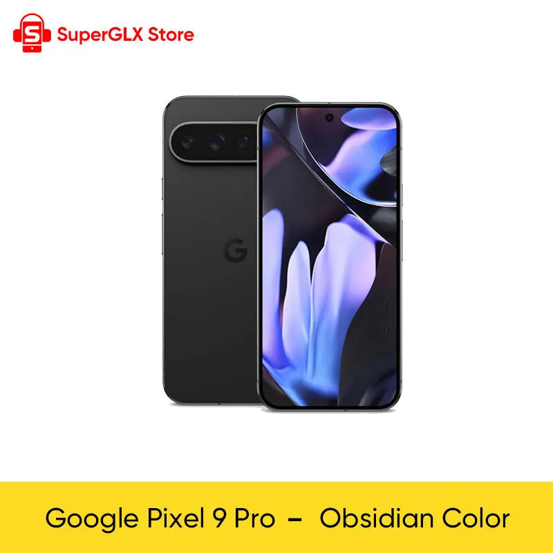 Front and back view of a Google Pixel 9 Pro in obsidian color, featuring a curved display with abstract blue and black wallpaper. SuperGLX Store logo in the top left corner.