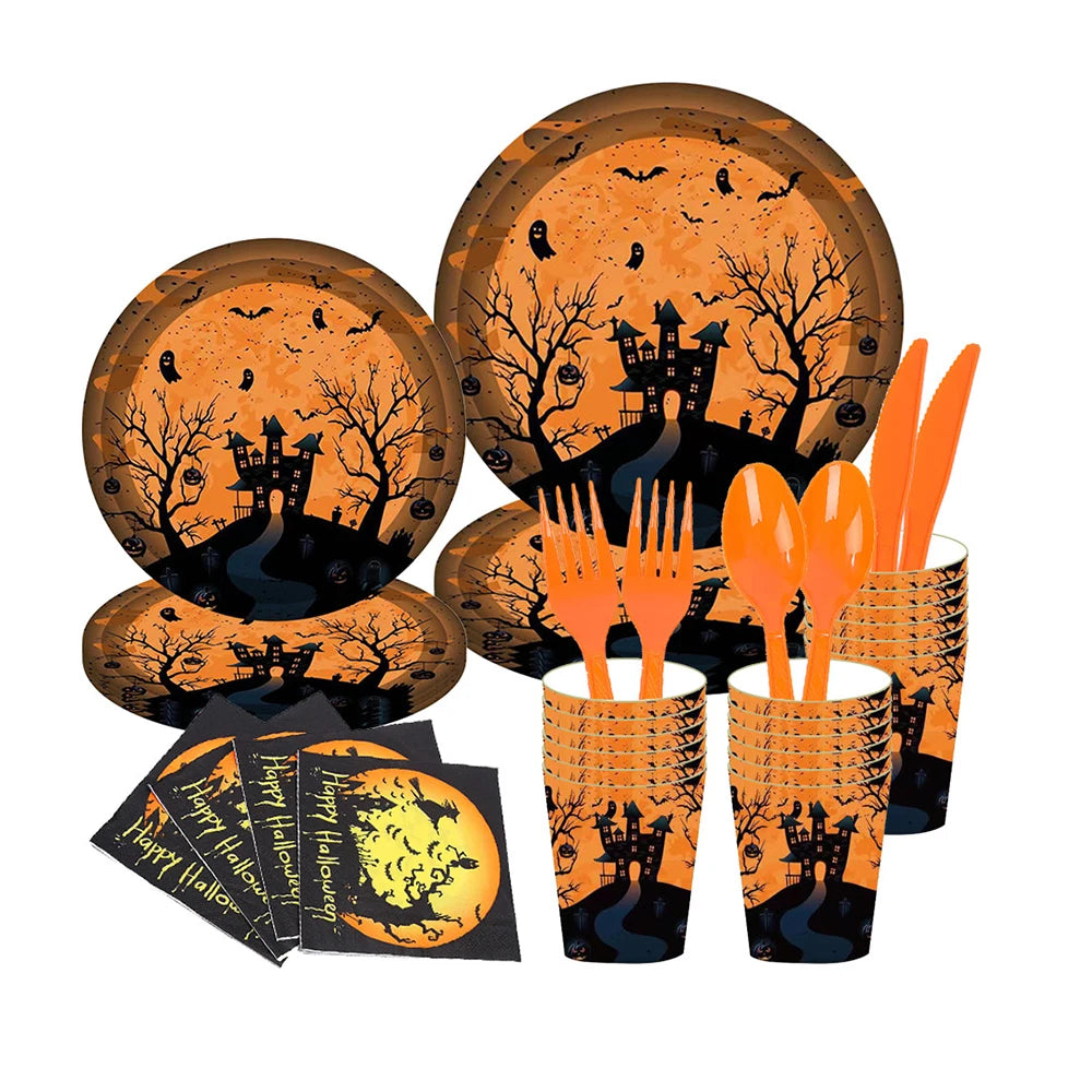 Halloween-themed tableware set featuring plates, napkins, cups, and orange cutlery. Design includes a haunted house, bats, bare trees, and a full moon on an orange background.