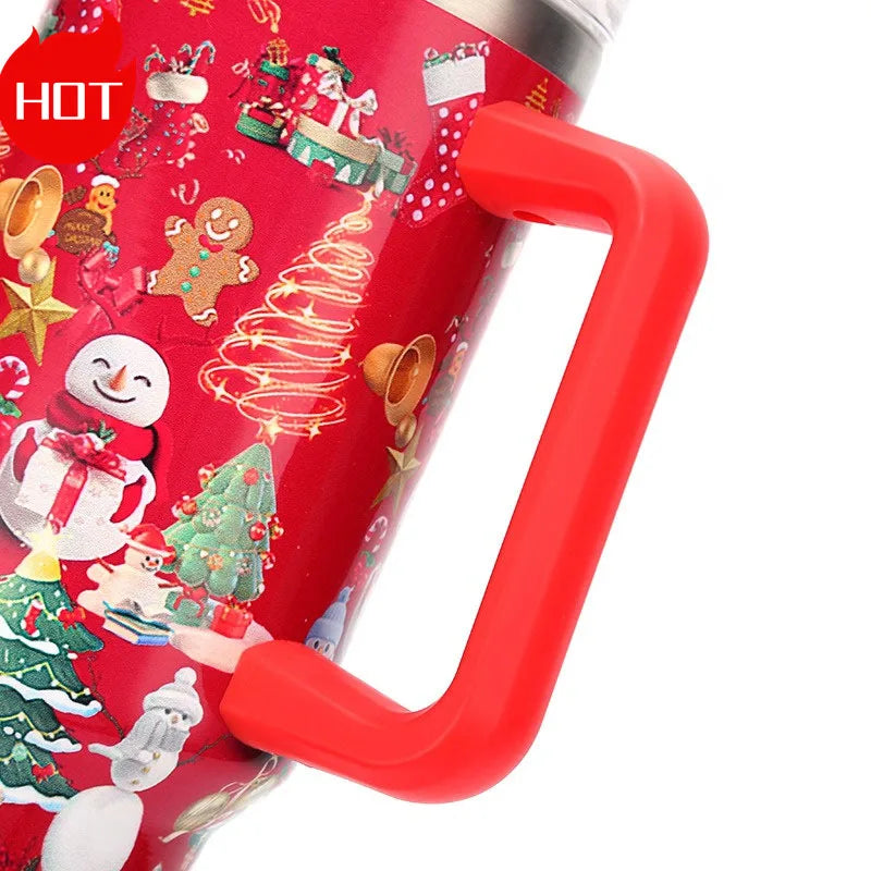 Red mug with festive Christmas-themed illustrations including snowmen, gingerbread men, and Christmas trees. It features a bright red handle and a "HOT" label.