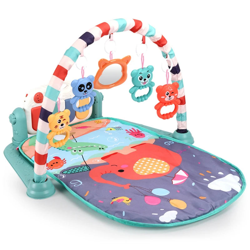 Colorful baby play mat with a striped arch featuring hanging animal toys and a mirror. The mat has a playful elephant and ocean theme with vibrant illustrations.
