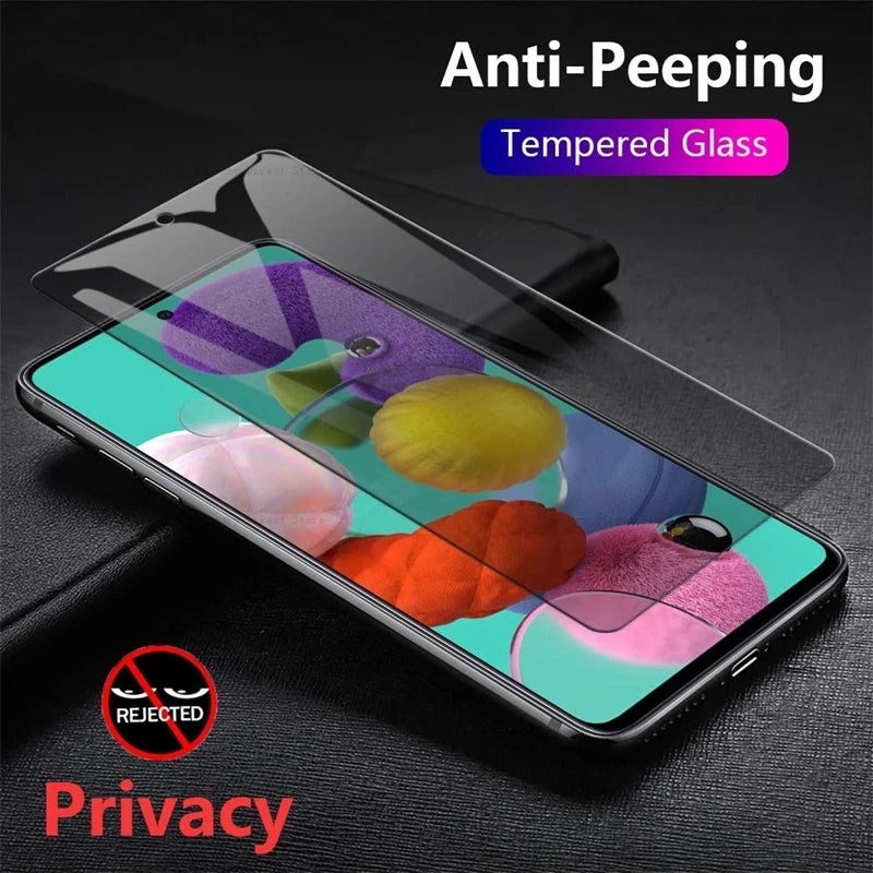 Smartphone with anti-peeping tempered glass screen protector, displaying colorful abstract shapes. Text highlights: "Anti-Peeping," "Tempered Glass," and "Privacy" with a "Rejected" symbol.