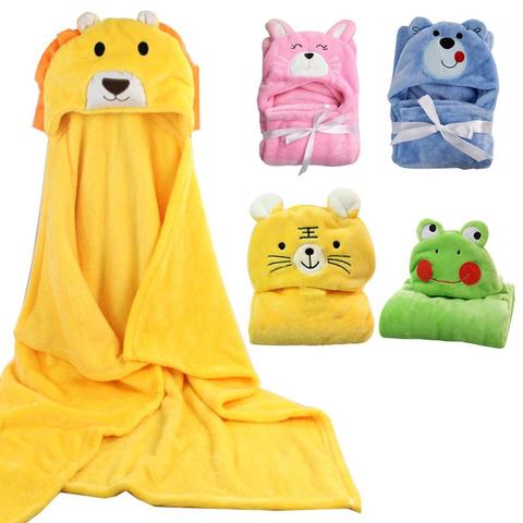 Four colorful hooded baby towels are shown: a yellow lion, pink rabbit, blue bear, and green frog. Each towel is folded, except the lion, which is fully spread out.