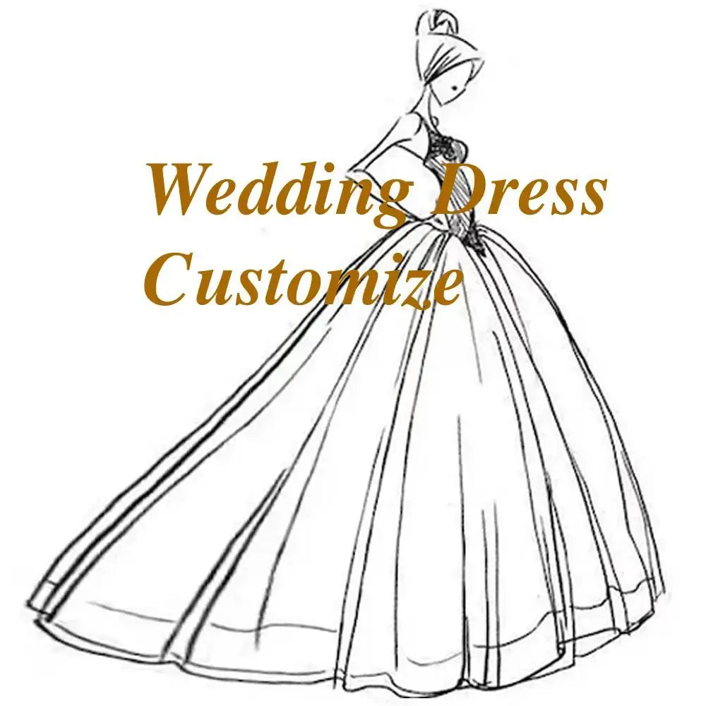 Sketch of a wedding dress with a fitted bodice and voluminous skirt. The words "Wedding Dress Customize" are overlaid in elegant, gold lettering.