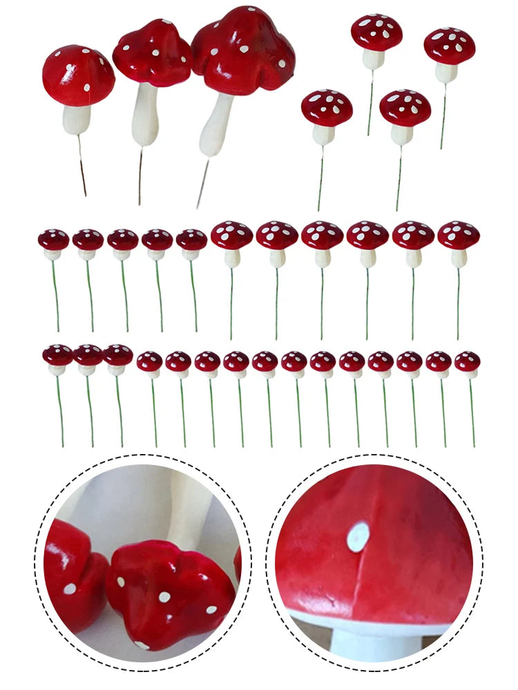 Red and white decorative mushroom pins in various sizes with close-up views showing details. The mushrooms have red caps with white spots and long green stems.