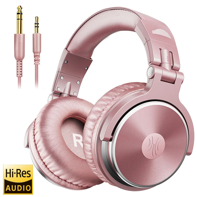 Pink over-ear headphones with cushioned ear cups and a foldable design. Includes detachable audio cable with 6.3mm and 3.5mm gold-plated plugs. Features Hi-Res Audio logo.